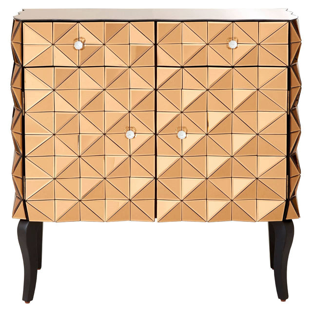 A stylish cabinet featuring a geometric pattern on the front, with a warm copper finish and two doors. The cabinet has four small, round knobs and stands on four slender black legs, adding a modern touch to its design