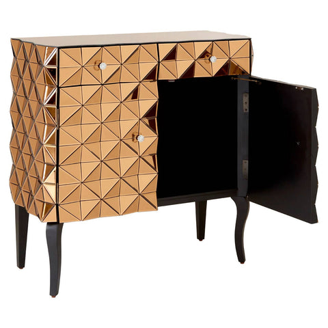 Soho 2 Door Copper Finish Cabinet featuring a geometric pattern on the front, two doors with a sleek black interior, and elegant black legs. One door is open, revealing the storage space inside. The cabinet has a warm copper finish that adds a modern touch to home decor