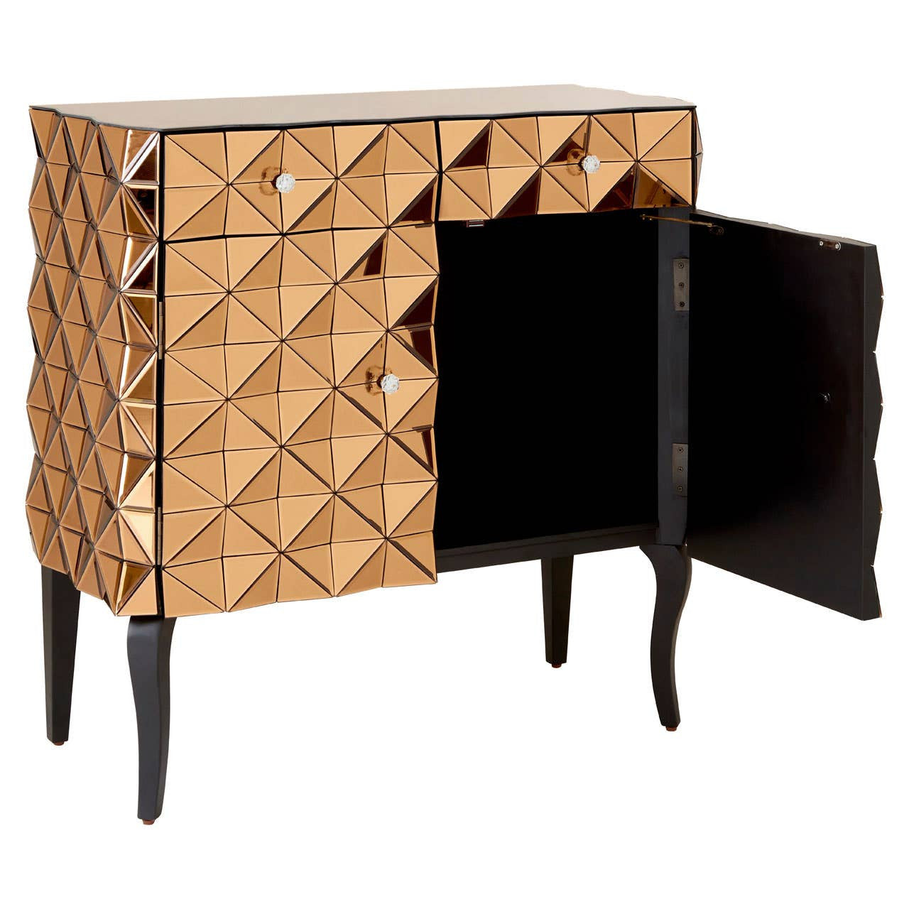 Soho 2 Door Copper Finish Cabinet featuring a geometric pattern on the front, two doors with a sleek black interior, and elegant black legs. One door is open, revealing the storage space inside. The cabinet has a warm copper finish that adds a modern touch to home decor