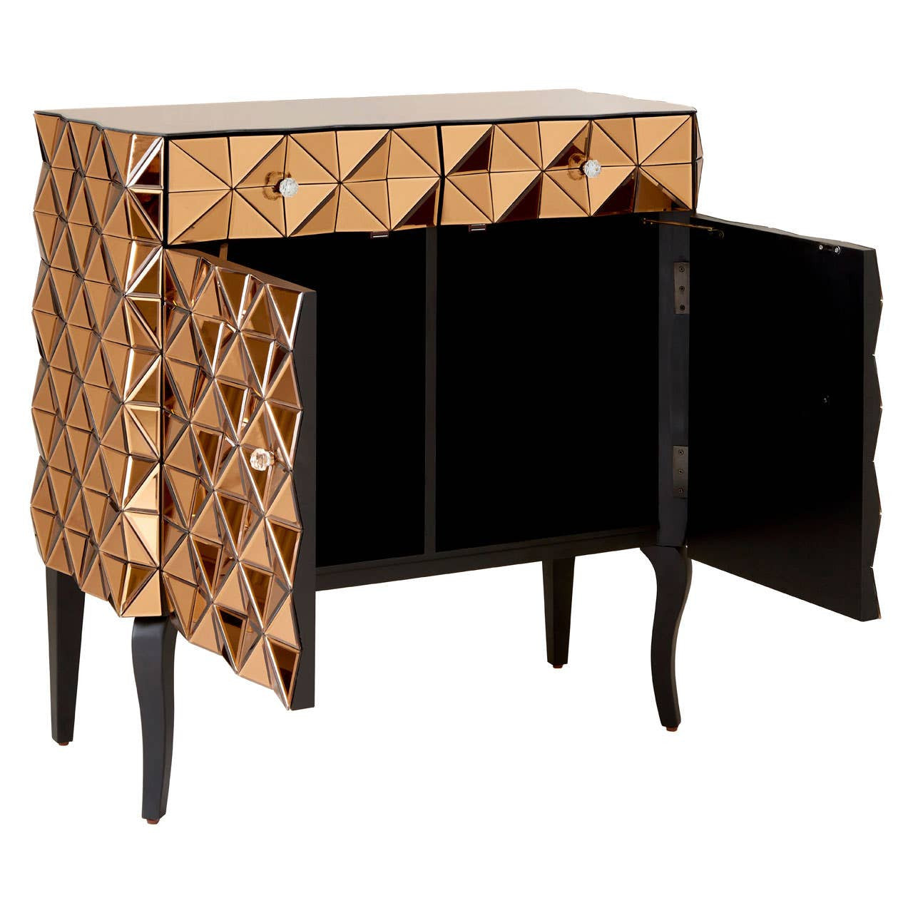 Soho 2 Door Copper Finish Cabinet featuring a geometric patterned front with a warm copper finish, two drawers at the top, and two doors below that open to reveal a spacious interior. The cabinet stands on four slender black legs, adding a modern touch to its design
