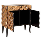 Soho 2 Door Copper Finish Cabinet featuring a geometric patterned front with a warm copper finish, two drawers at the top, and two doors below that open to reveal a spacious interior. The cabinet stands on four slender black legs, adding a modern touch to its design