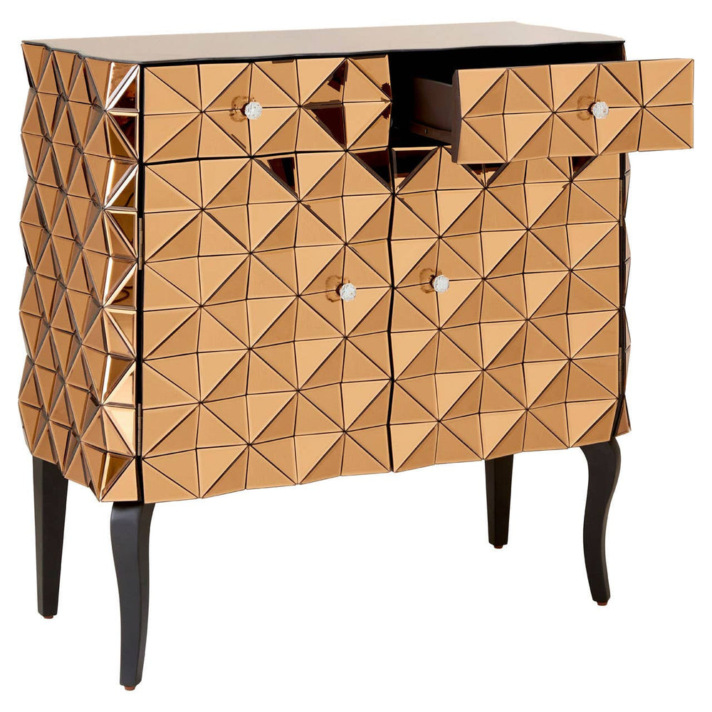 Soho 2 Door Copper Finish Cabinet featuring a geometric diamond pattern in a warm wood tone, two doors with round knobs, and two small drawers at the top, all supported by sleek black legs