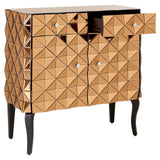 Soho 2 Door Copper Finish Cabinet featuring a geometric diamond pattern in a warm wood tone, two doors with round knobs, and two small drawers at the top, all supported by sleek black legs