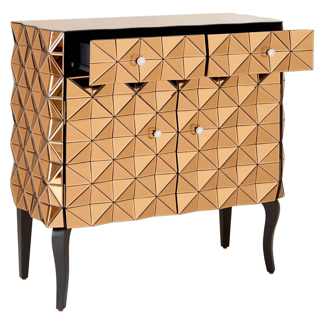 Soho 2 Door Copper Finish Cabinet featuring a geometric diamond pattern on the front, two doors, and two drawers with round knobs, supported by sleek black legs. The cabinet has a warm wood tone with a copper finish accent