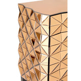 Soho 2 Door Copper Finish Cabinet featuring a geometric design with a reflective copper surface and a textured pattern of triangles, showcasing its modern aesthetic