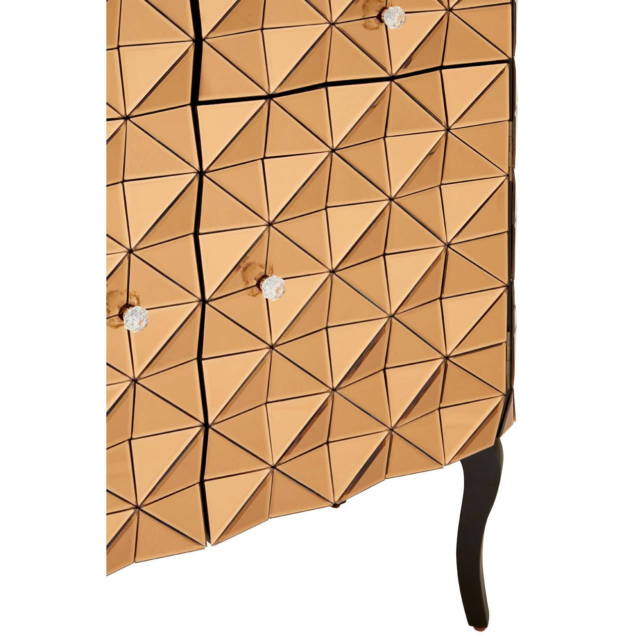 Soho 2 Door Copper Finish Cabinet featuring a geometric triangular pattern on the surface, two doors with sleek handles, and elegant black legs. The cabinet showcases a warm copper finish that adds a modern touch to home decor