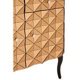 Soho 2 Door Copper Finish Cabinet featuring a geometric triangular pattern on the surface, two doors with sleek handles, and elegant black legs. The cabinet showcases a warm copper finish that adds a modern touch to home decor