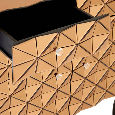 Soho 2 Door Copper Finish Cabinet featuring a geometric design with a textured copper surface, two doors with sleek handles, and a contrasting black interior