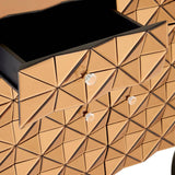 Soho 2 Door Copper Finish Cabinet featuring a geometric design with a textured copper surface, two doors with sleek handles, and a contrasting black interior
