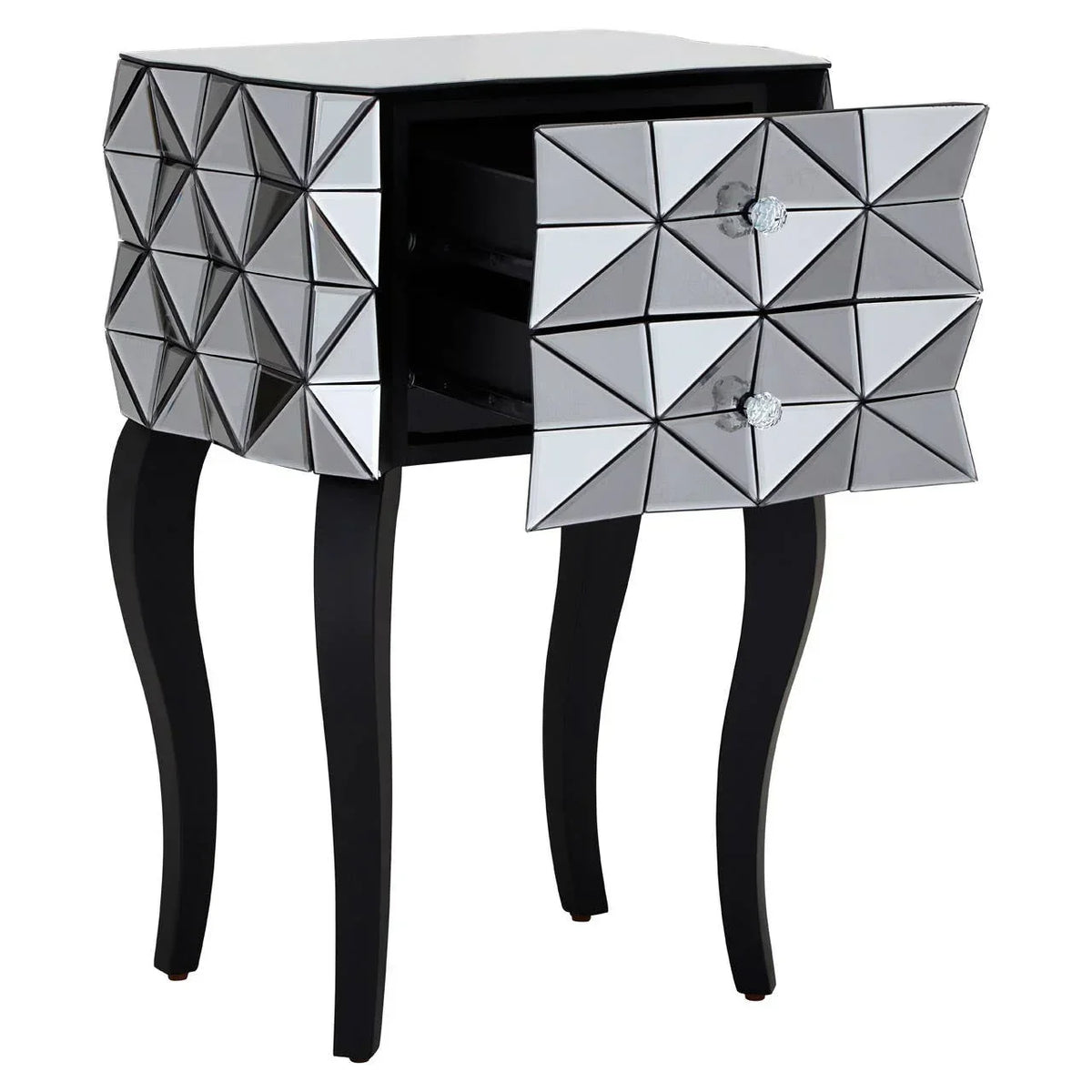 Mirrored bedside table with geometric drawer fronts and curved black legs, one drawer open