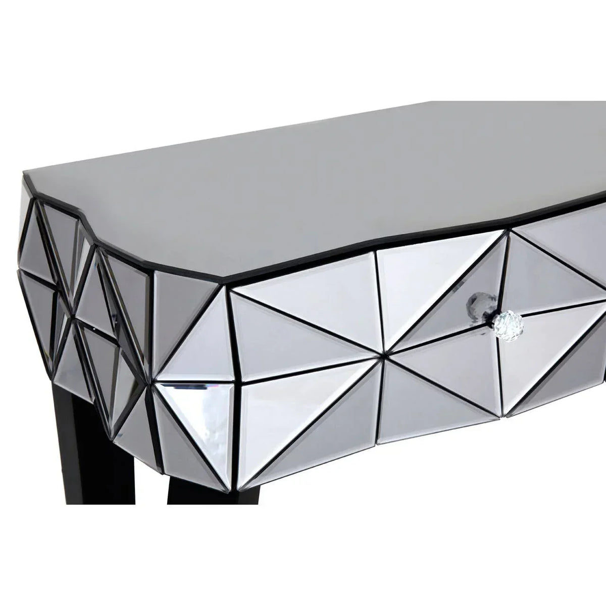 Mirrored geometric console table with faceted drawer front and crystal knob