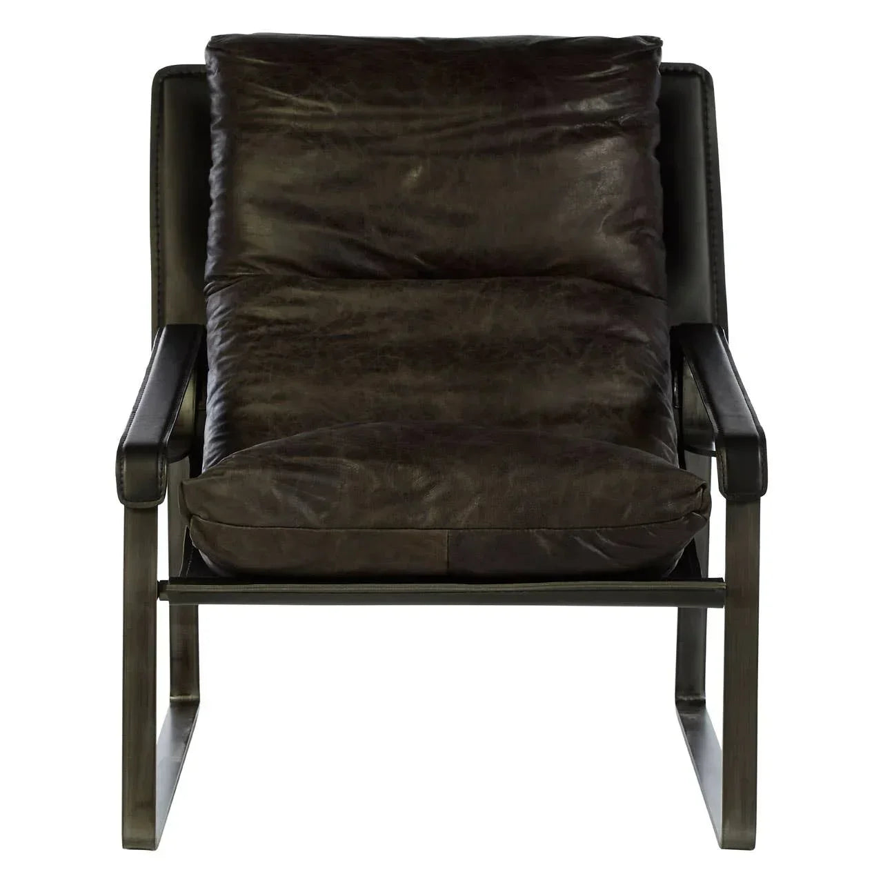 Dark brown leather accent chair with padded seat and backrest, metal frame, front view