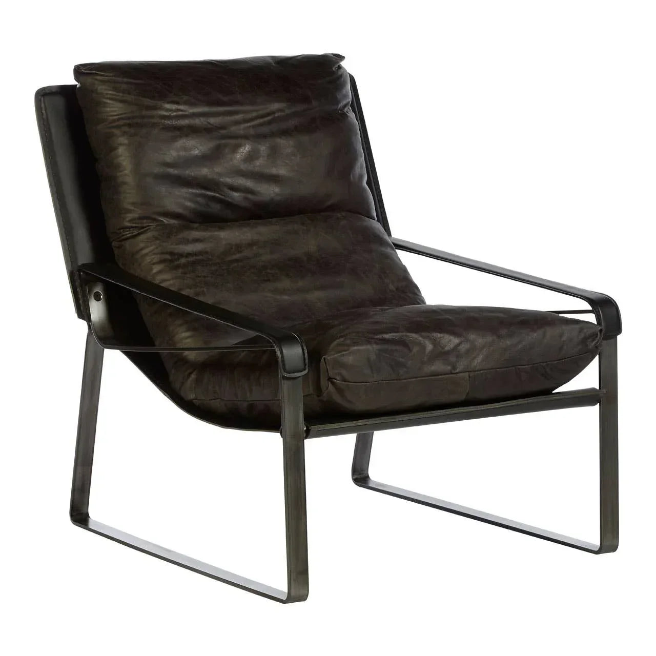 Modern black leather armchair with metal frame and deep seat cushion