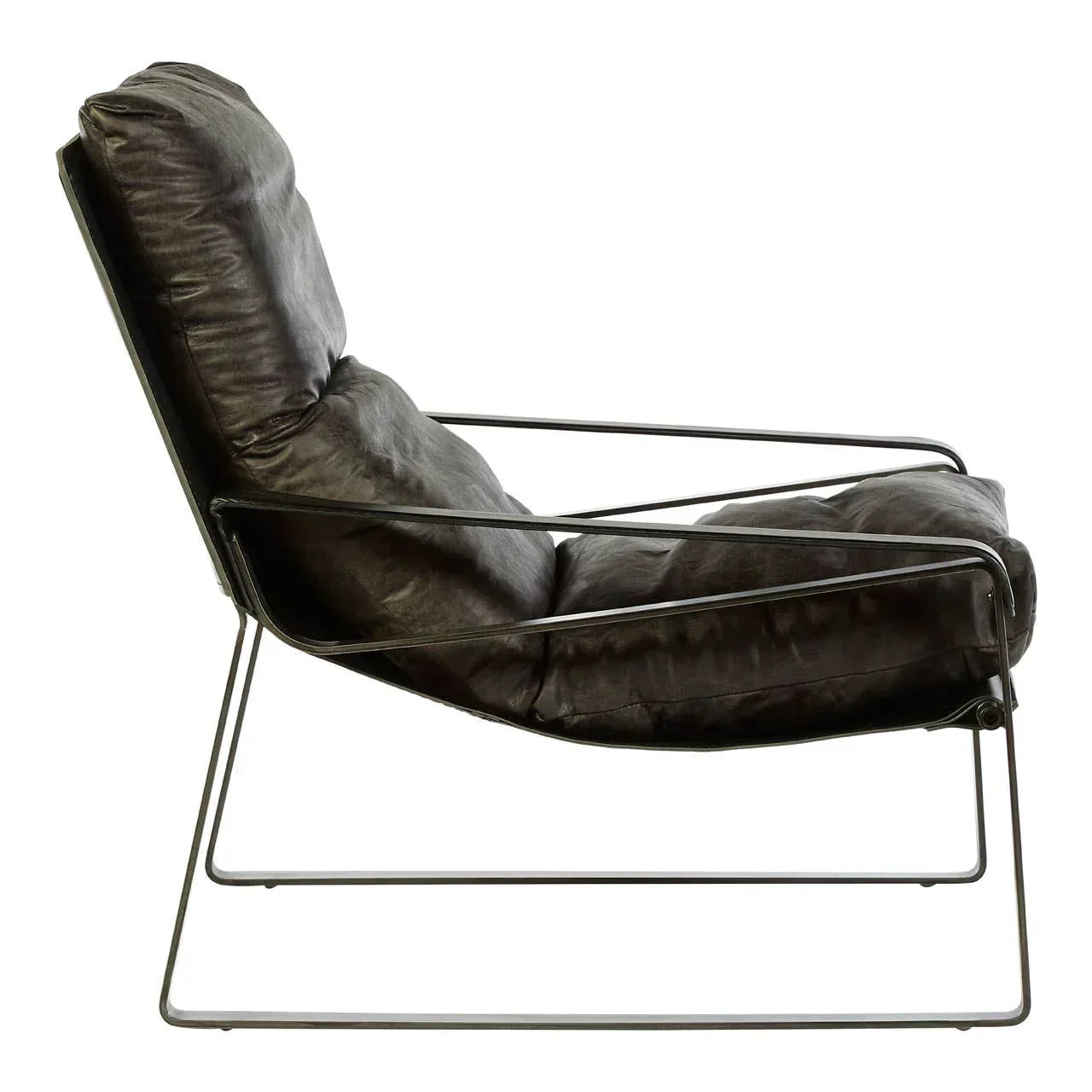 Black leather armchair with metal frame and angled lounge design, side view