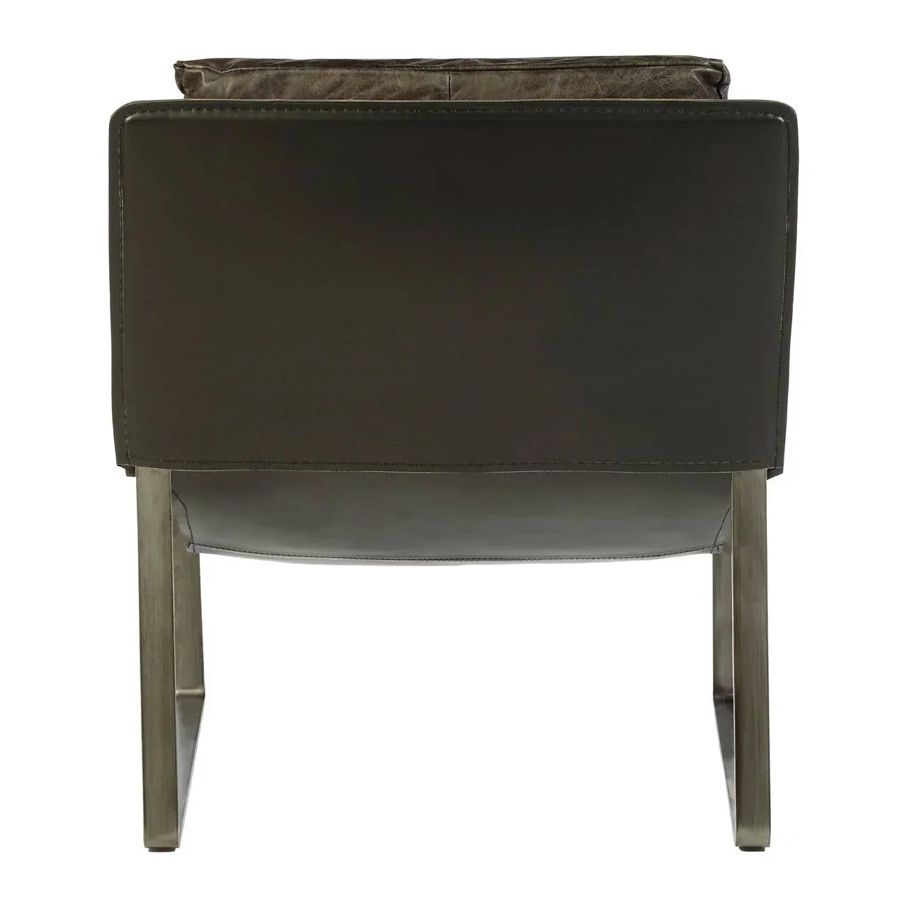Rear view of dark leather armchair with metal legs and cushioned backrest