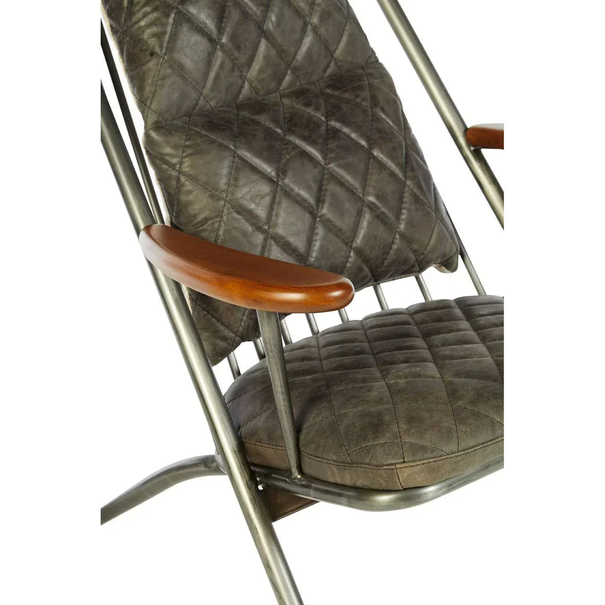 Quilted leather accent chair with metal frame and wooden armrest detail