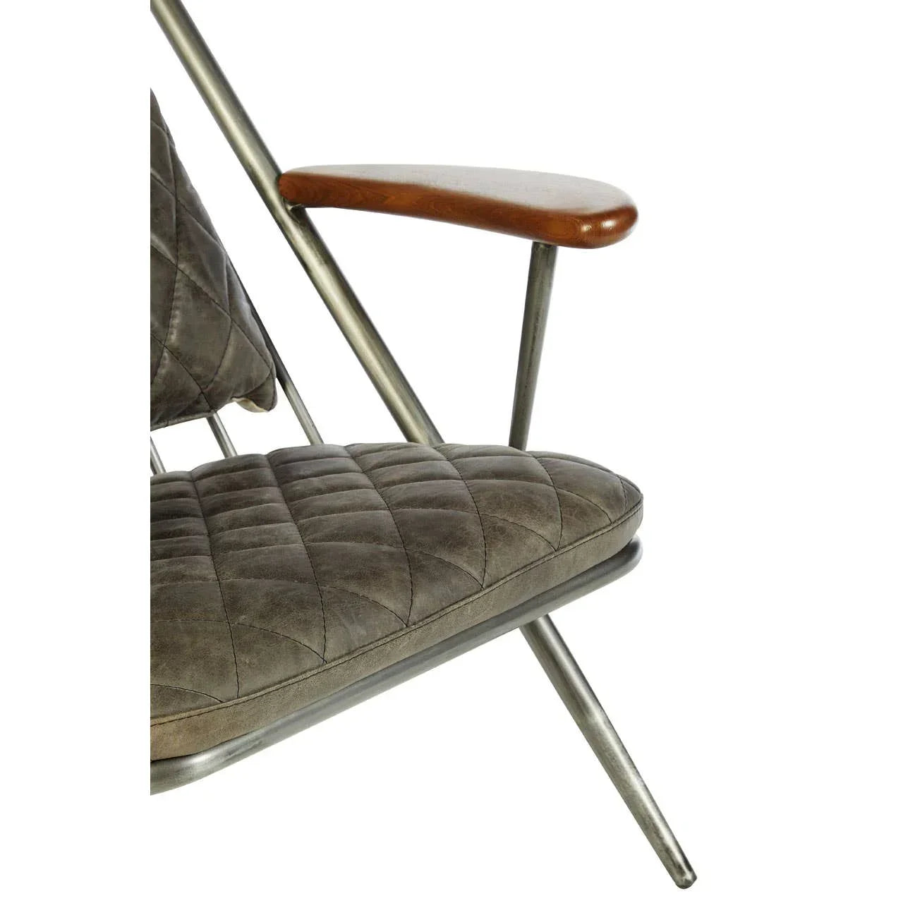 Grey quilted leather chair seat with metal frame and wooden armrest close-up