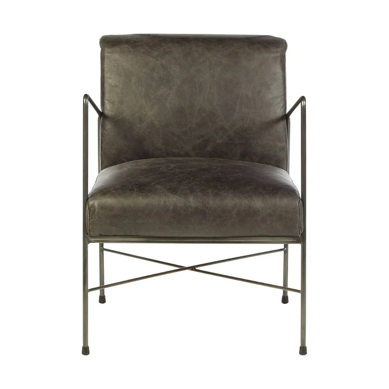 Brown leather accent chair with slim metal frame and cushioned seat front view