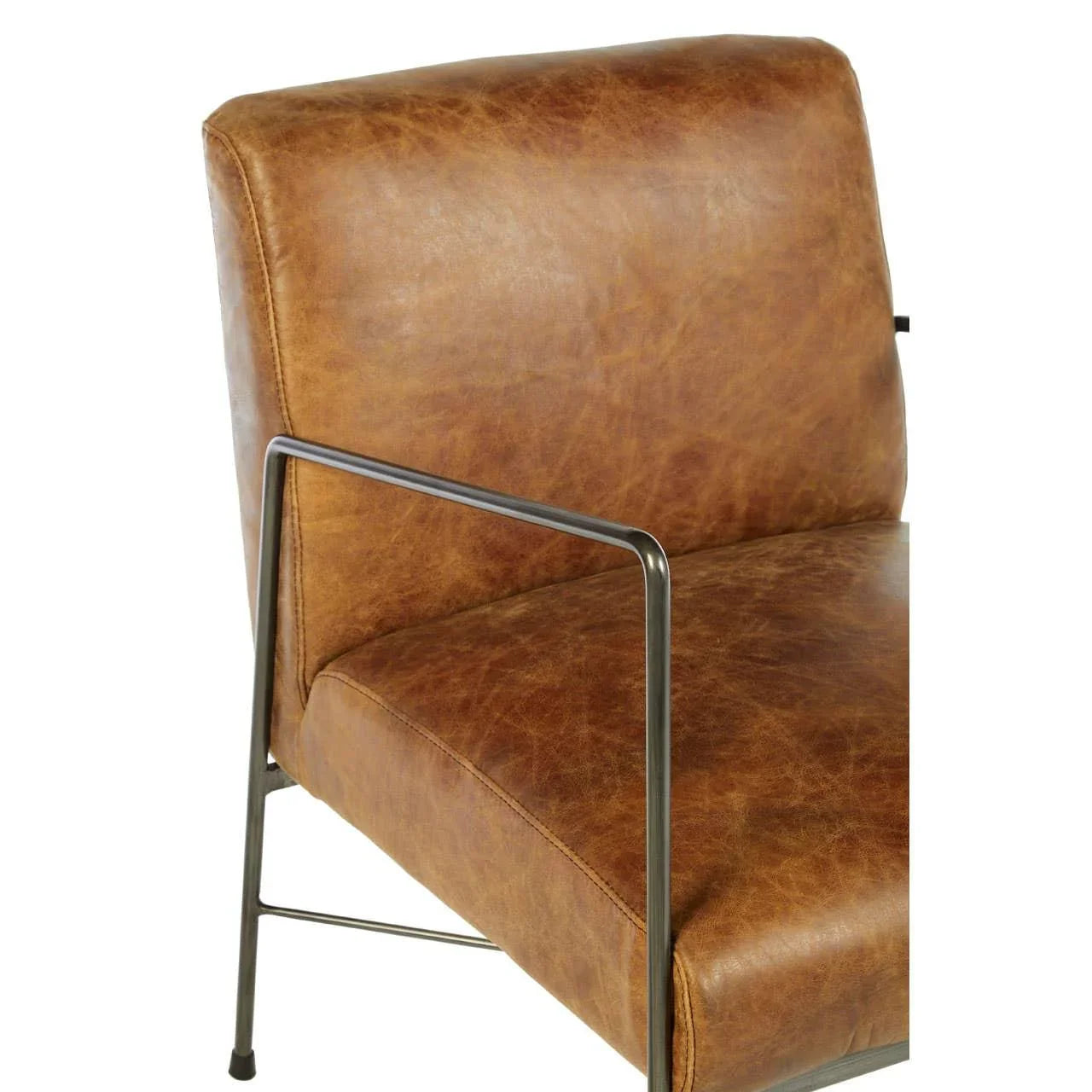 Brown leather armchair with metal frame and modern design, close-up of seat and back