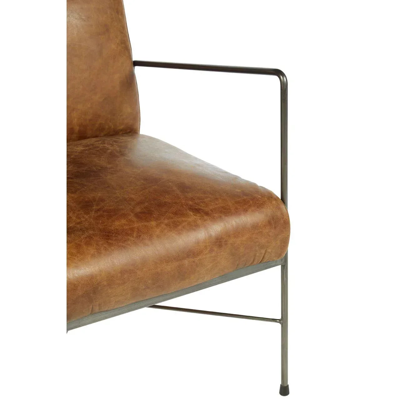 Brown leather armchair with slim metal frame and armrest, angled view