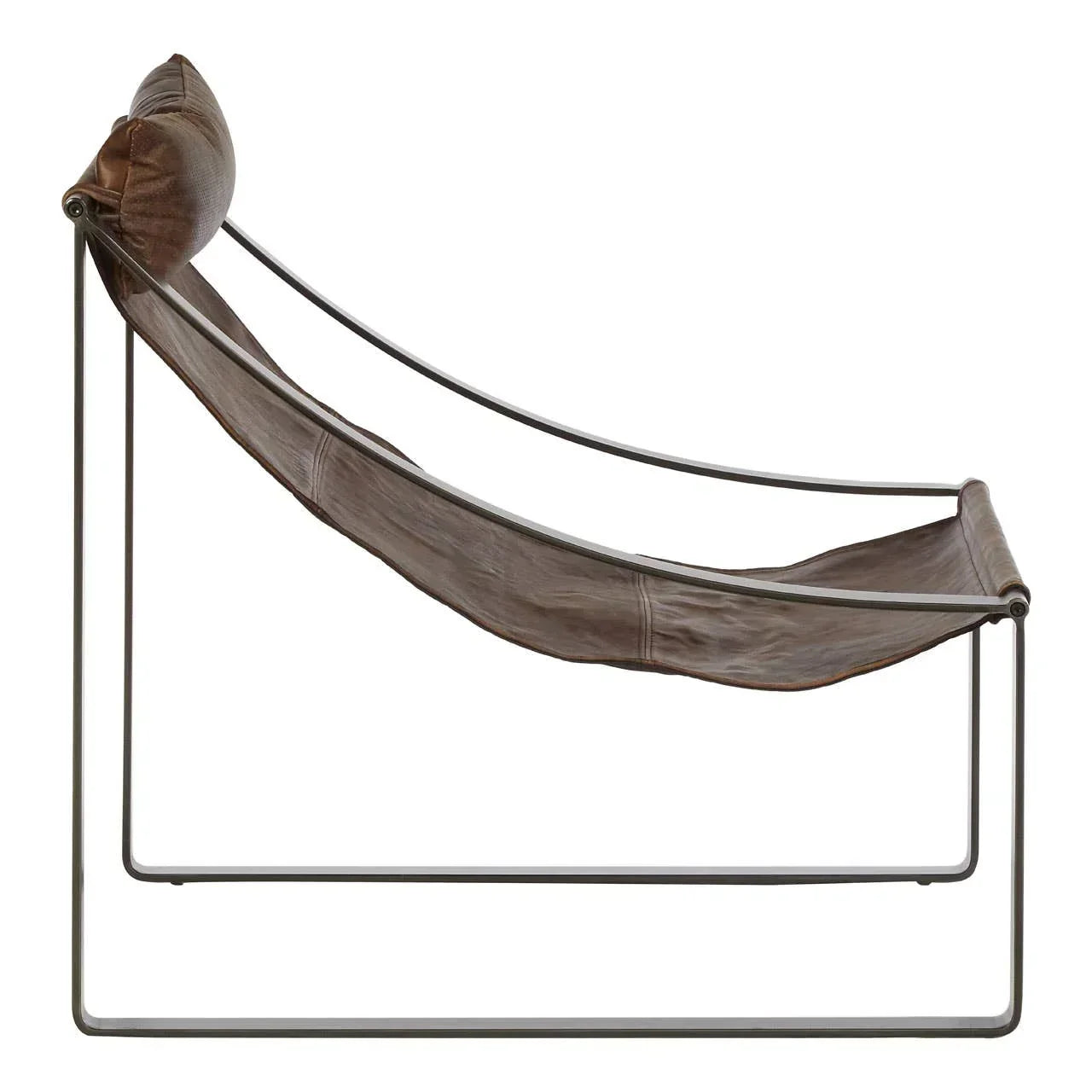 Brown leather sling accent chair with metal frame side view