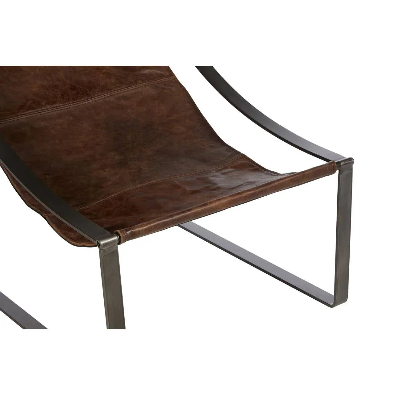 Brown leather lounge chair seat with black metal frame corner angle
