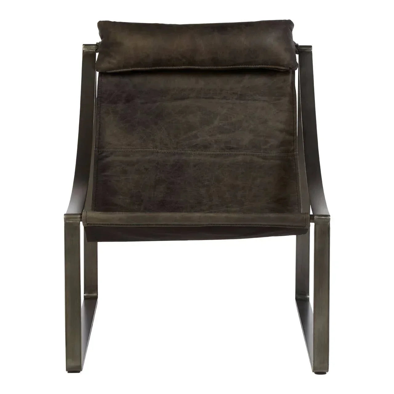 Brown leather accent chair with metal frame, front view