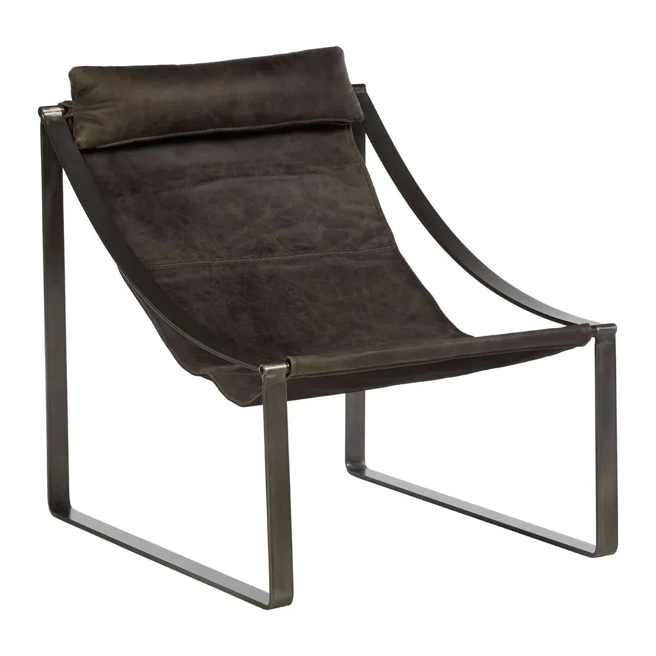 Brown leather lounge chair with black metal frame and headrest, side view