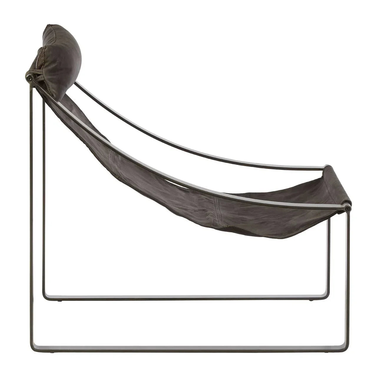 Brown leather sling lounge chair with black metal frame, side view