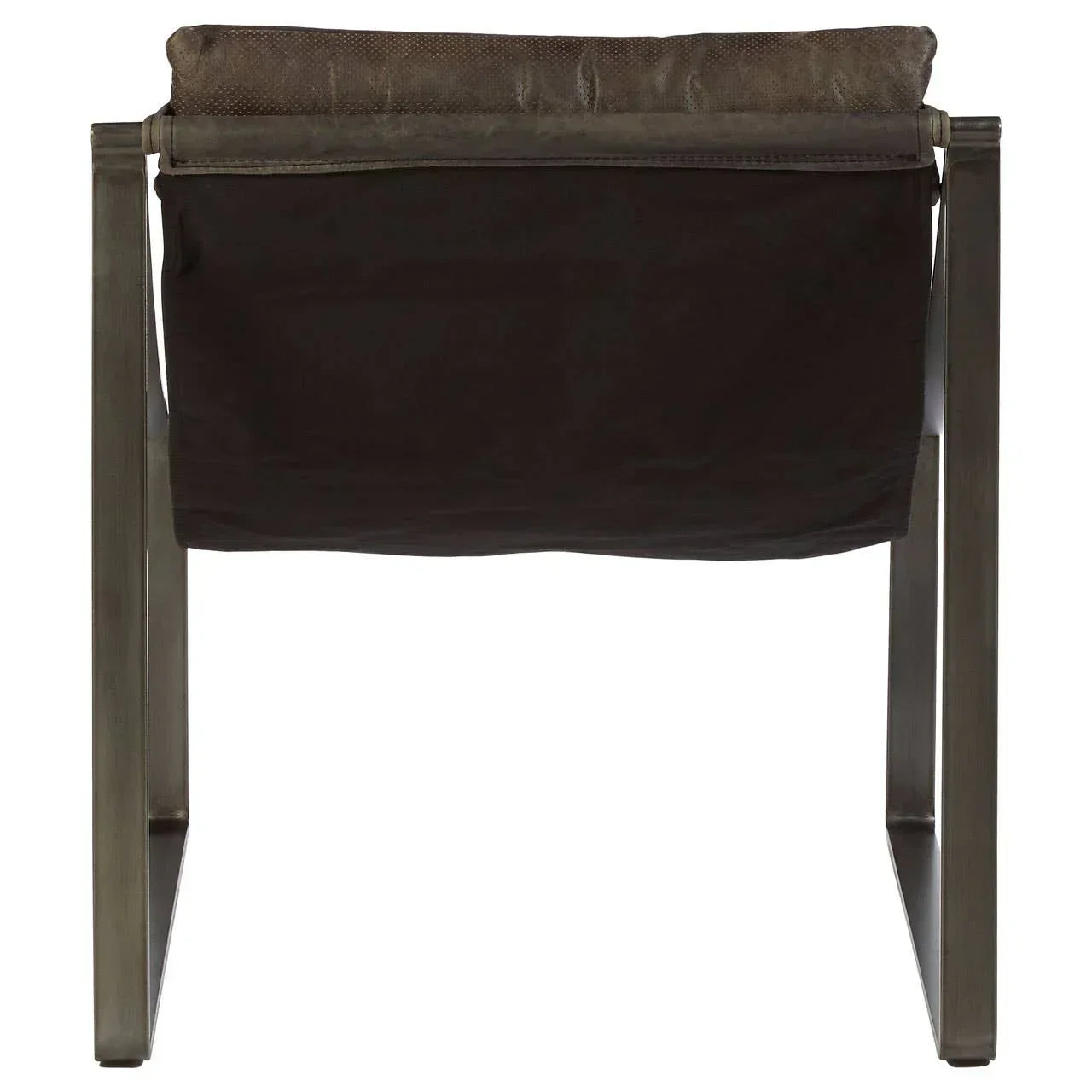 Back view of leather accent chair with metal frame and brown suede upholstery