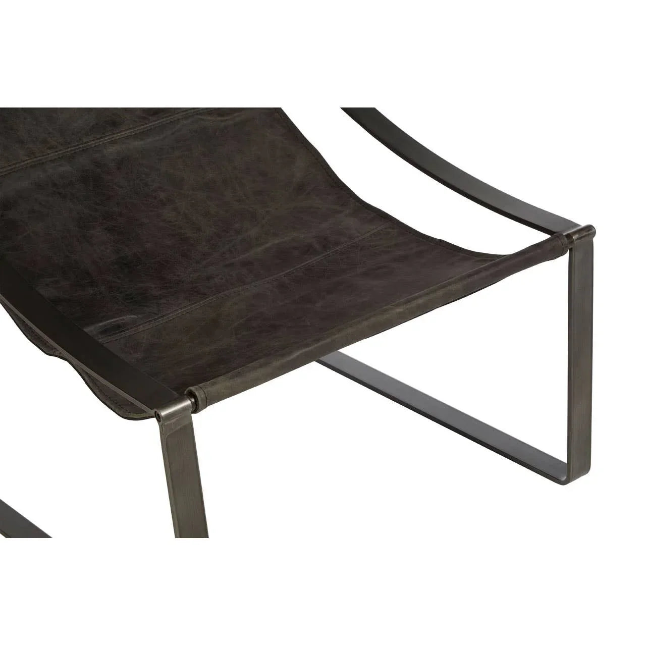 Closeup of a black leather seat sling with metal frame, modern accent chair design