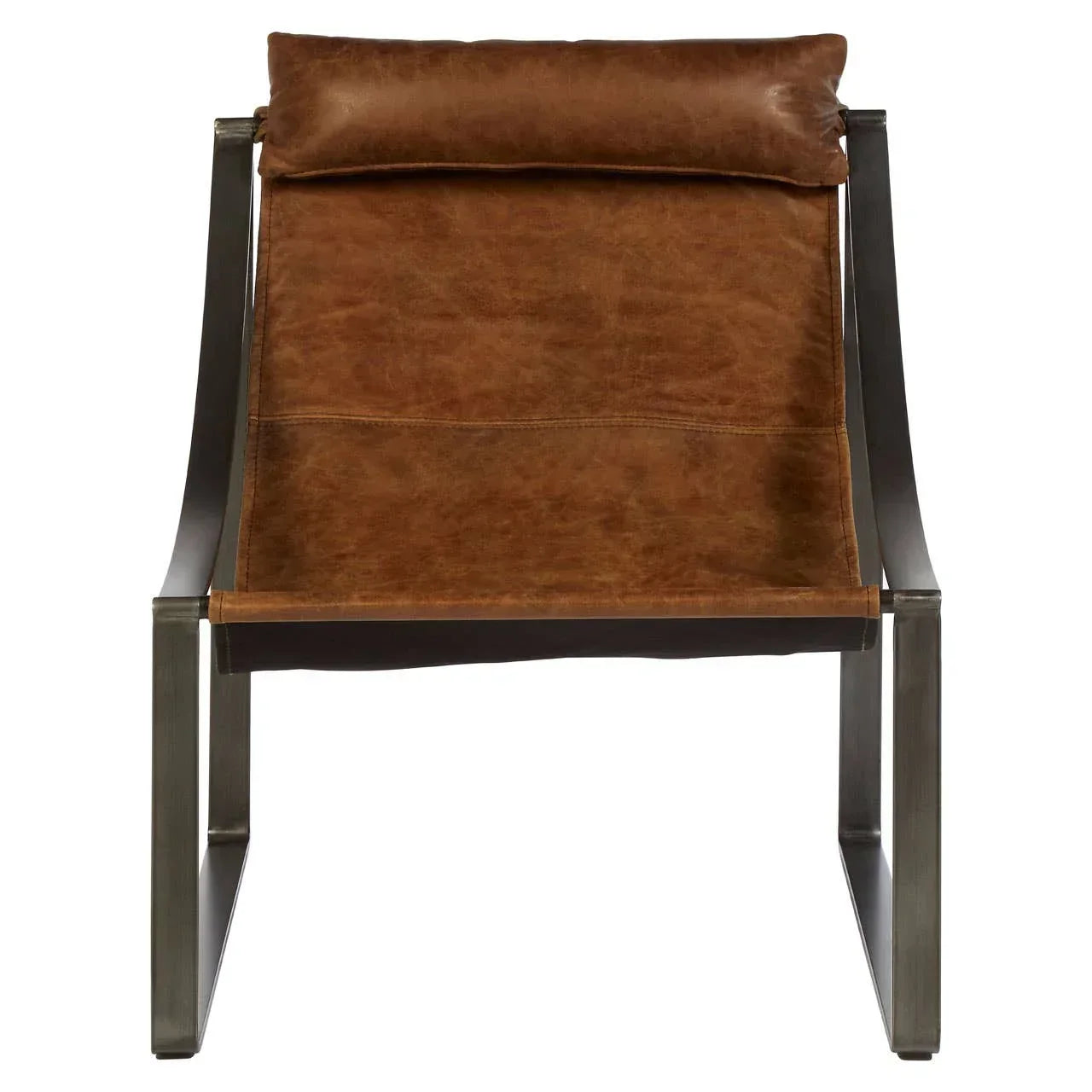 Brown leather lounge chair with black metal frame, front view