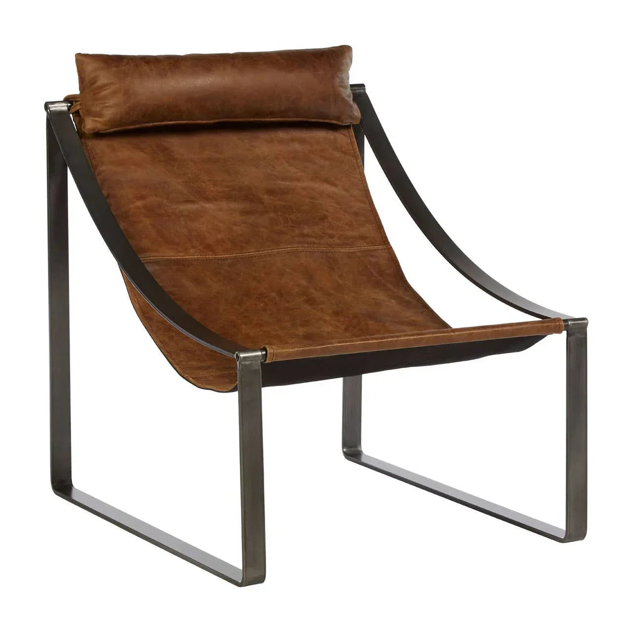 Brown leather lounge chair with metal frame and headrest, side angle view