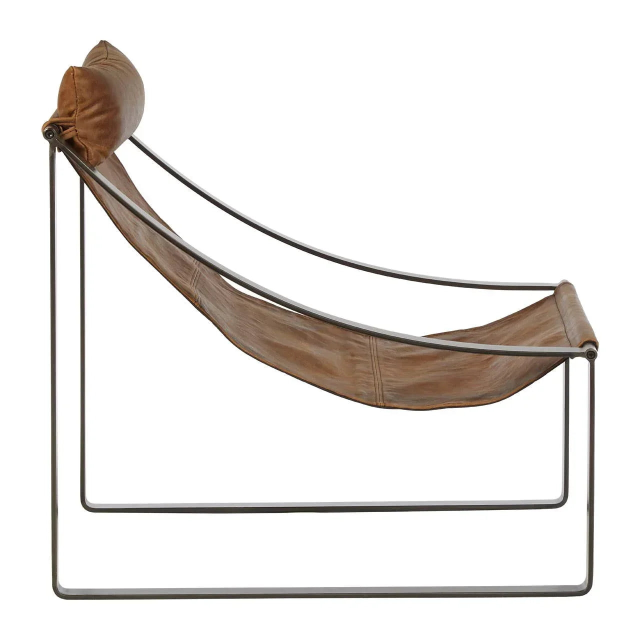 Brown leather lounge chair with metal frame in side view