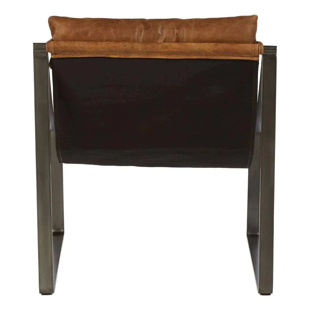 Back view of leather accent chair with metal frame and brown cushioned headrest