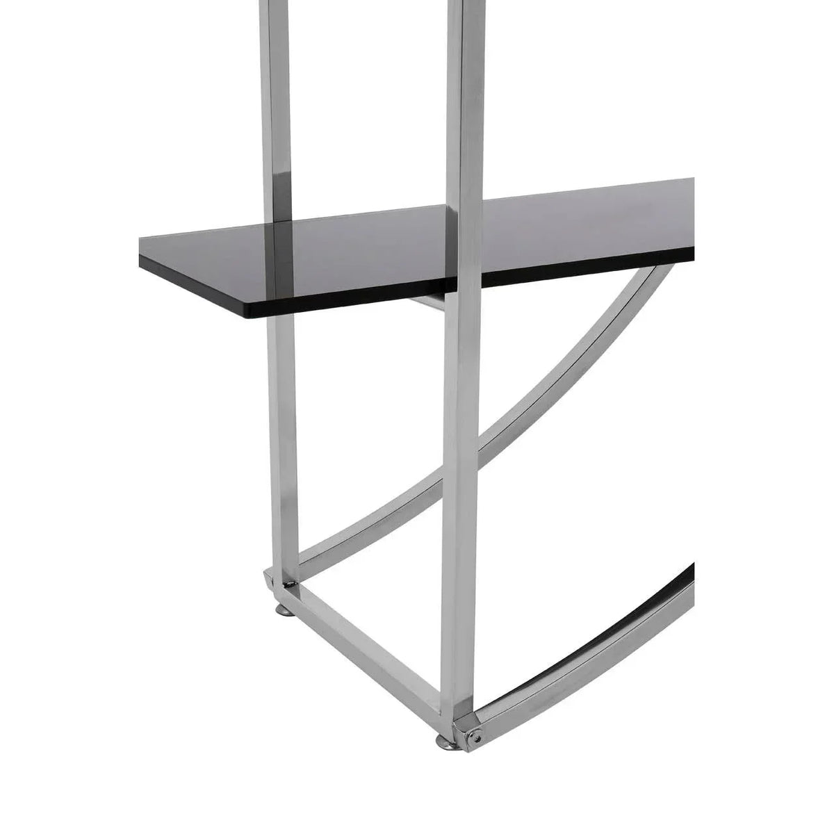 Modern console table with black glass shelf and chrome metal frame, side angle view