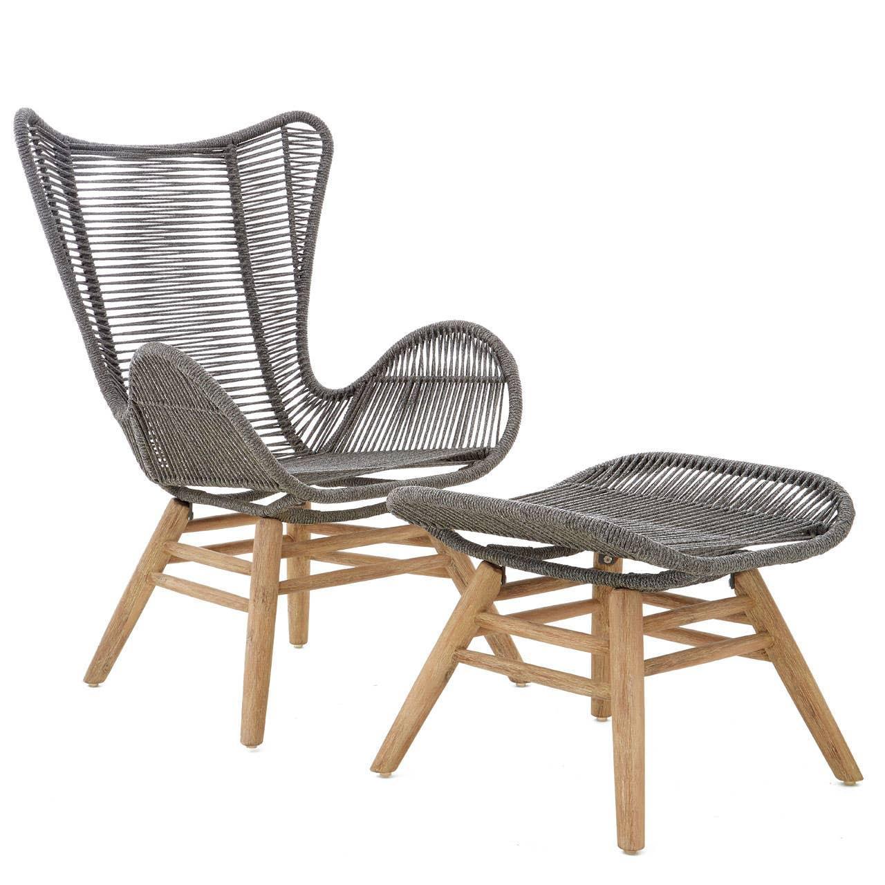 Grey woven lounge chair with matching ottoman and wooden legs