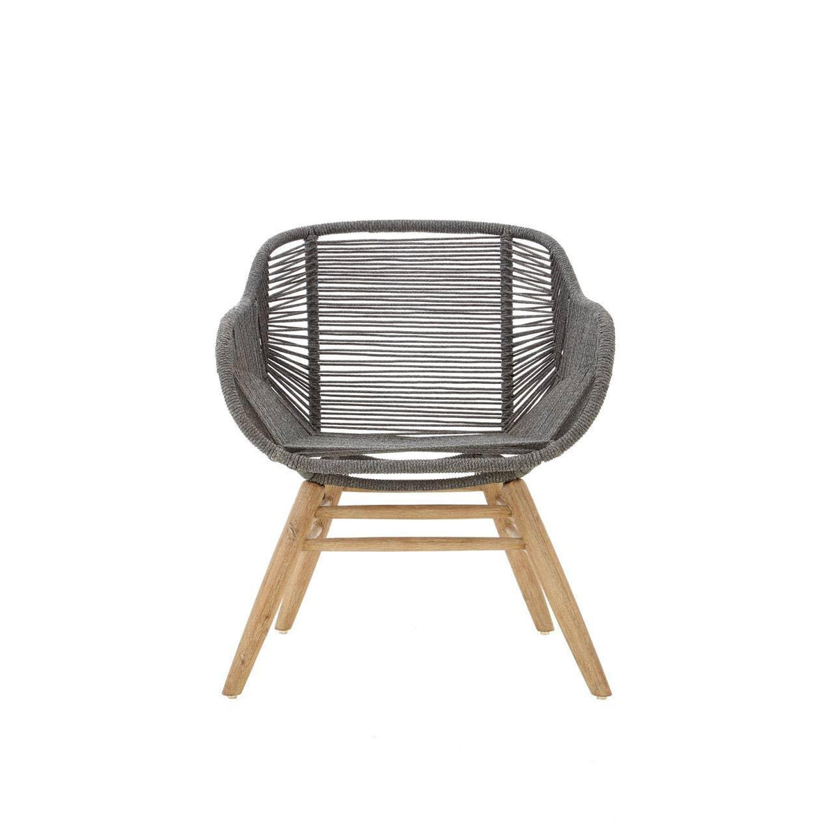 Grey rope accent chair with wooden legs, front view against white background