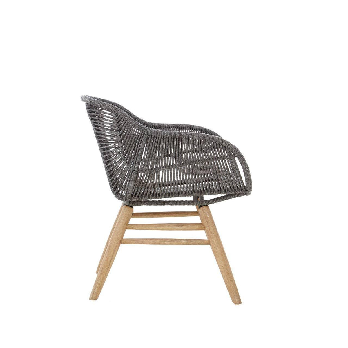 Grey woven rattan lounge chair with wooden legs, side profile view on white background
