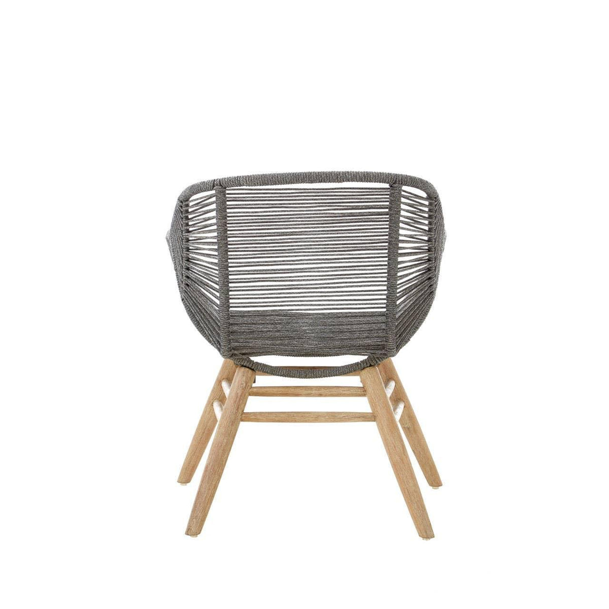 Grey woven rope dining chair with wooden legs, rear view on white background