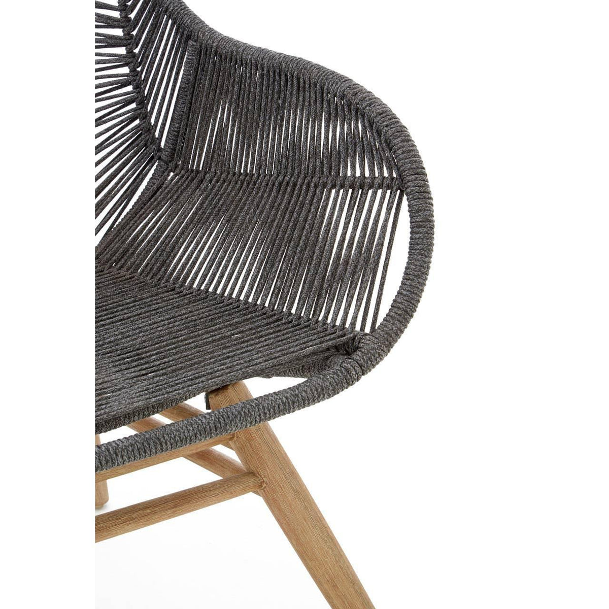 Closeup of grey rope dining chair seat and backrest with wooden legs
