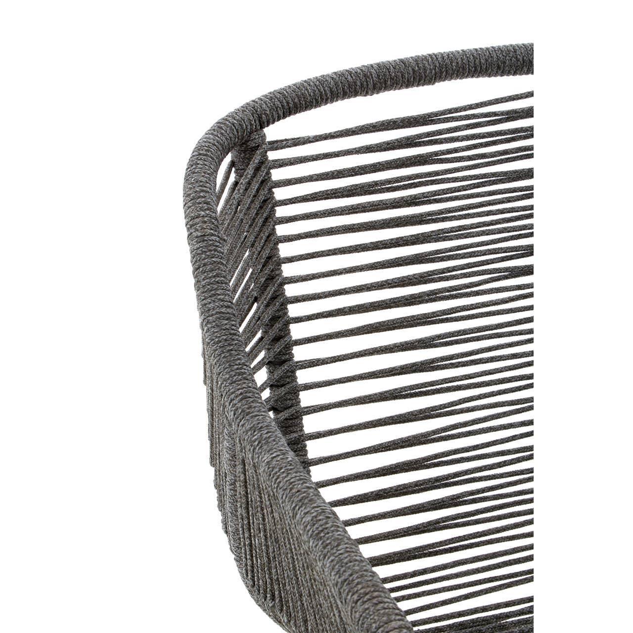 Closeup of grey rope outdoor chair back with woven detailing