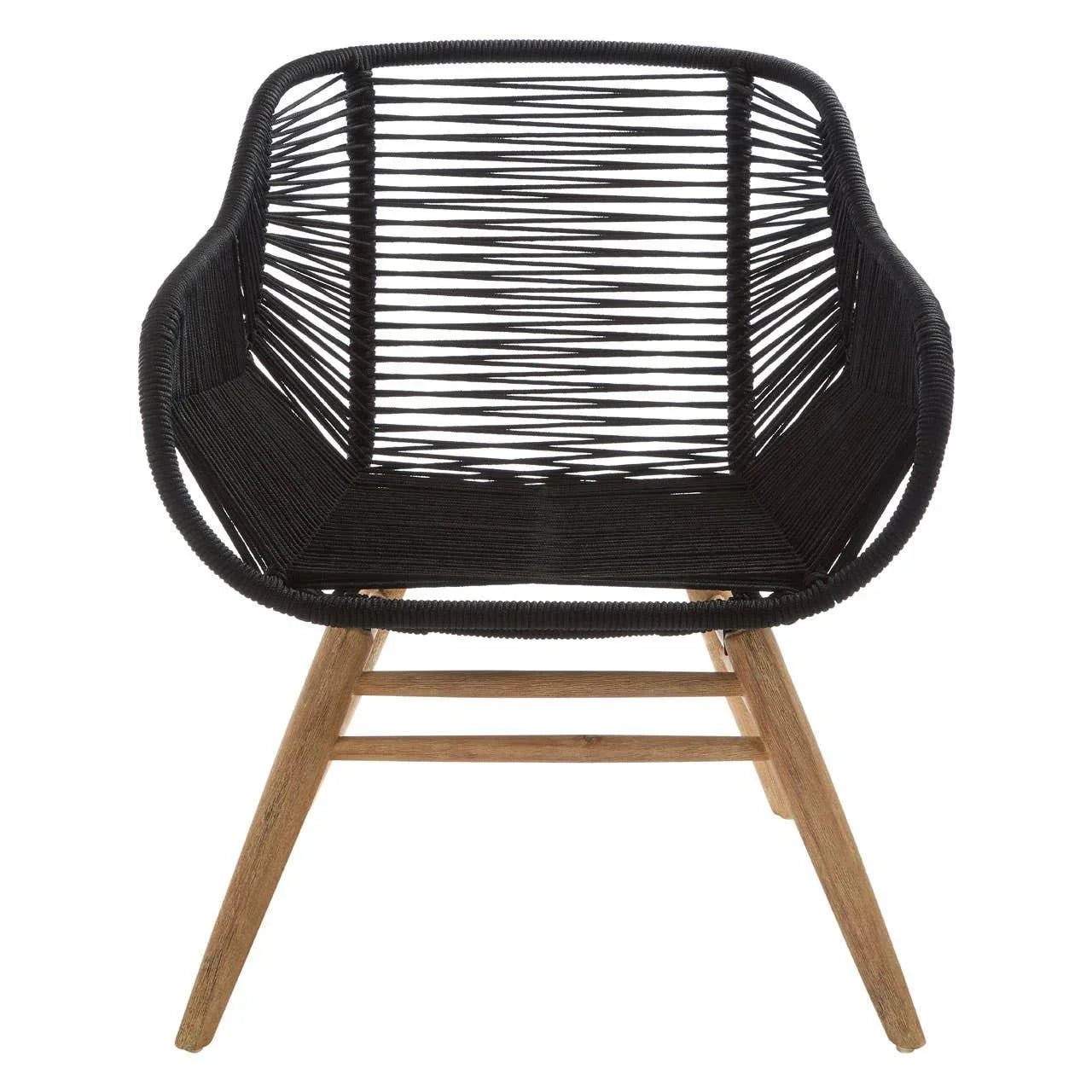 Black woven accent chair with angled wooden legs, front view