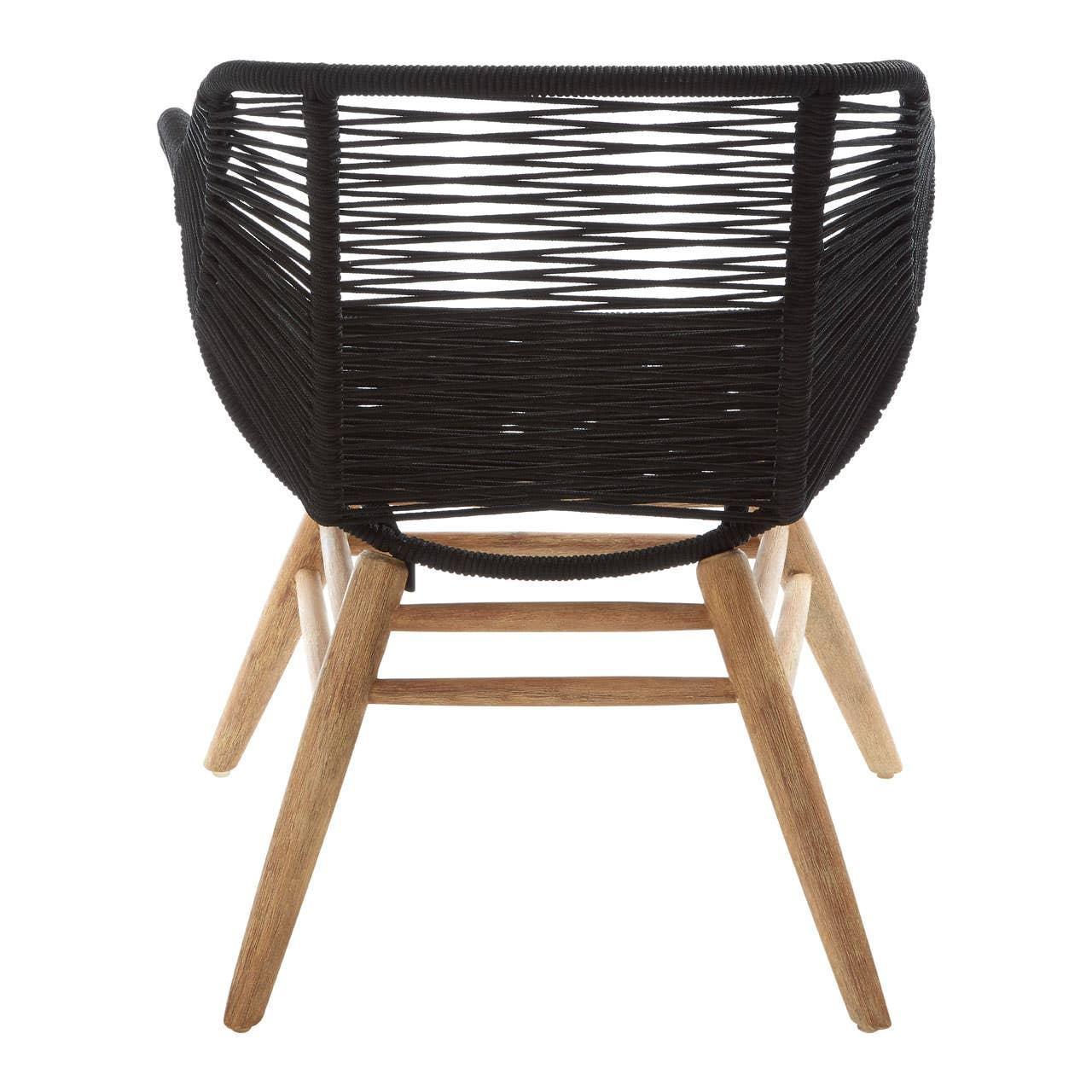 Black rope accent chair with natural wood legs, rear angle view