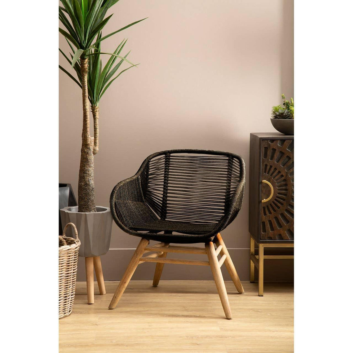 Black rattan accent chair with wooden legs in modern living room by cabinet and plant