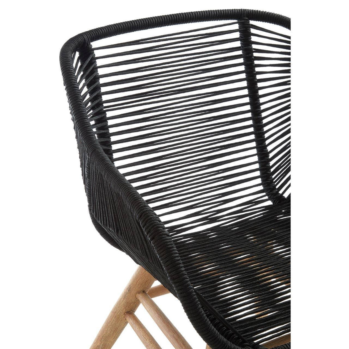 Black woven rope dining chair with wooden legs, close-up on seat and backrest