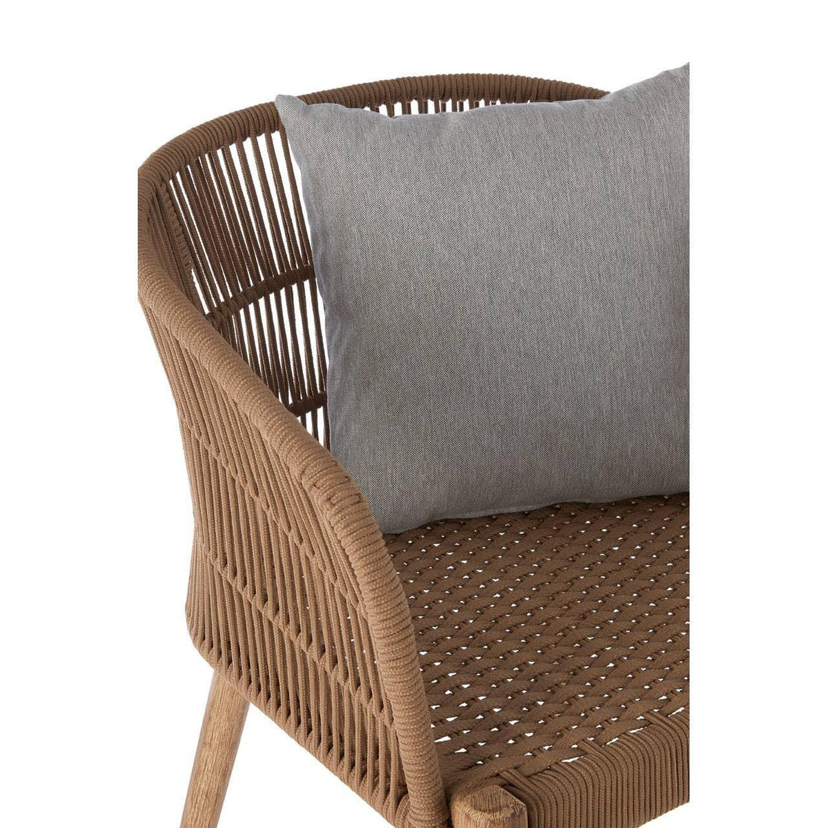 Brown rattan dining chair with woven seat and grey cushion, angled side view