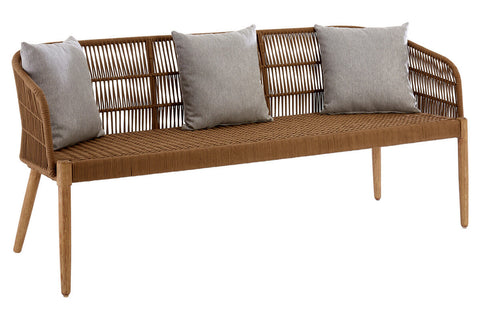 A three-seater sofa featuring a woven rope backrest and wooden frame, complemented by three light gray cushions. The sofa has a sleek design with tapered legs, showcasing a warm brown finish