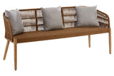 A three-seater sofa featuring a woven rope backrest and wooden frame, complemented by three light gray cushions. The sofa has a sleek design with tapered legs, showcasing a warm brown finish