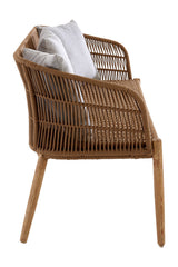 A three-seater sofa featuring a woven rope design with a natural wood frame and legs, complemented by several white cushions resting on the seat. The sofa has a modern, stylish appearance suitable for indoor or outdoor use